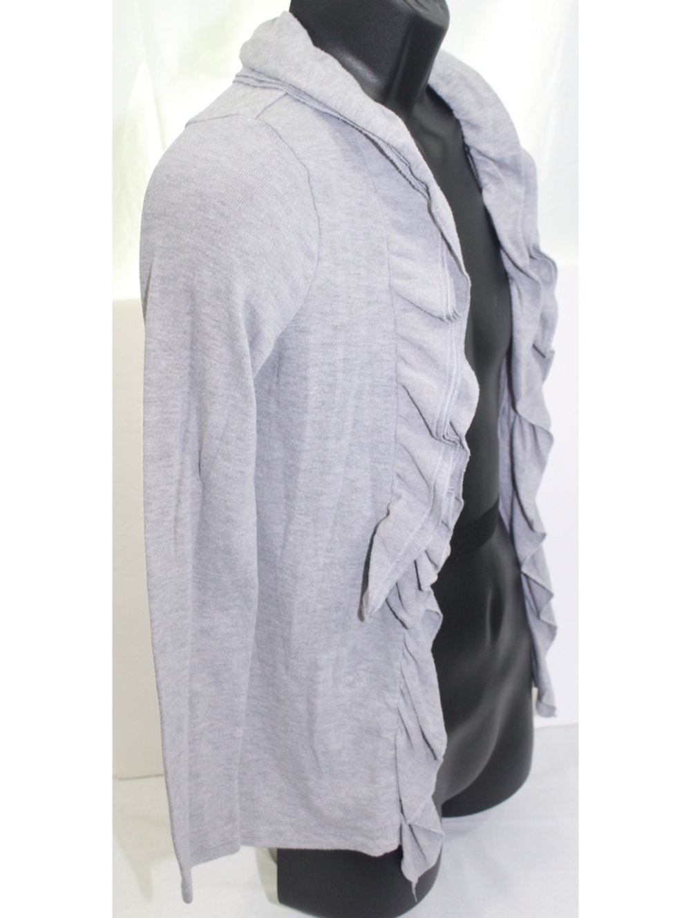Moa Moa Girl Open Front Waterfall Sweater Shirt Cardigan Ruffles Neck Large Gray
